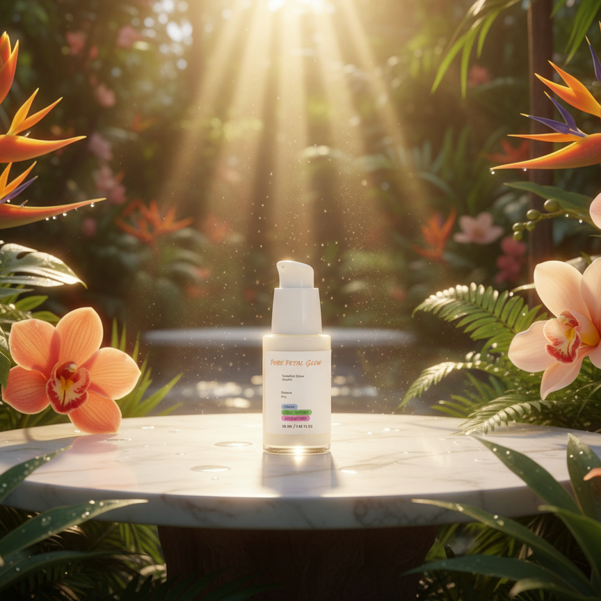 Youthfuk Glow Serun bottle on a table with tropical flowers and sunlight filtering through leaves