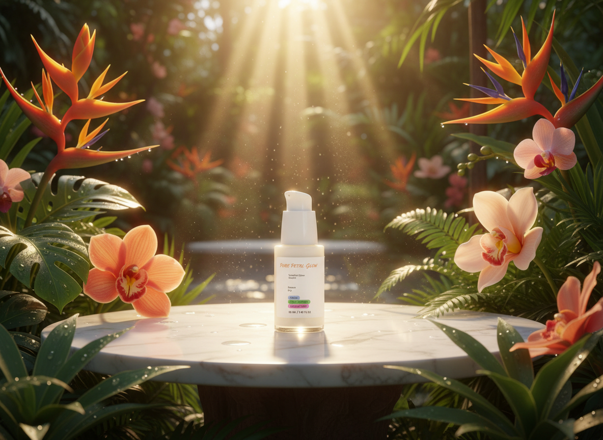Youthfuk Glow Serun bottle on a table with tropical flowers and sunlight filtering through leaves