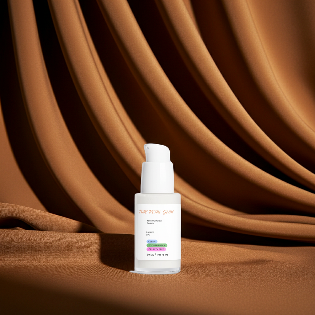 Youthful Glow Serum bottle on a brown fabric background